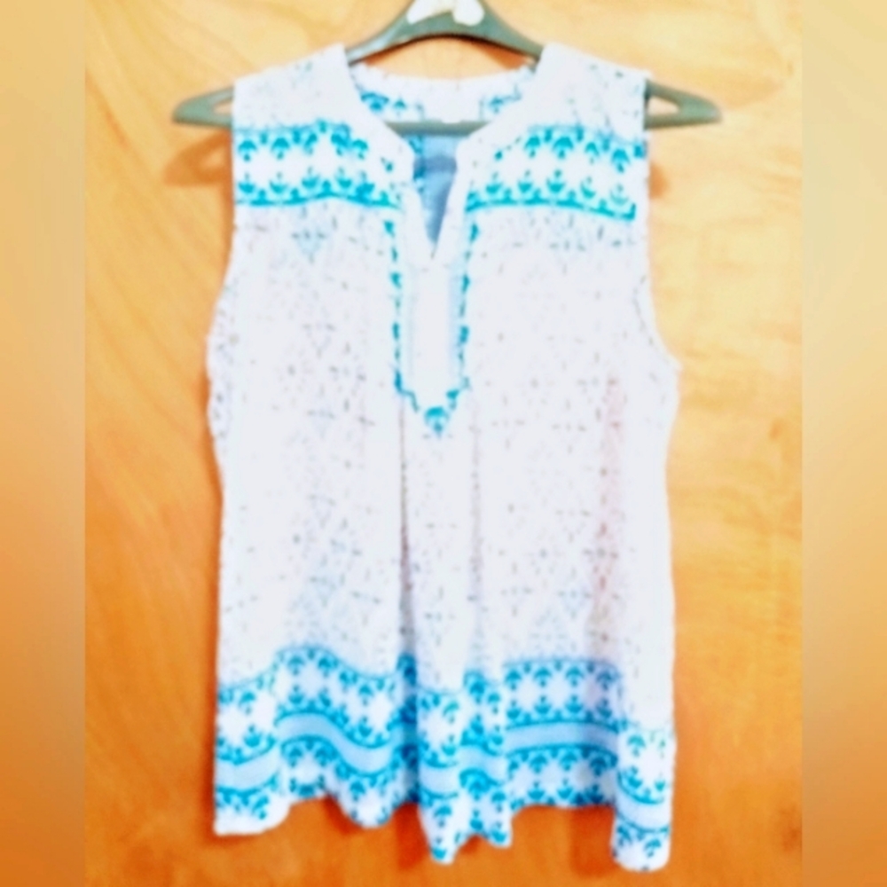 Sleeveless White and Blue Women's Top